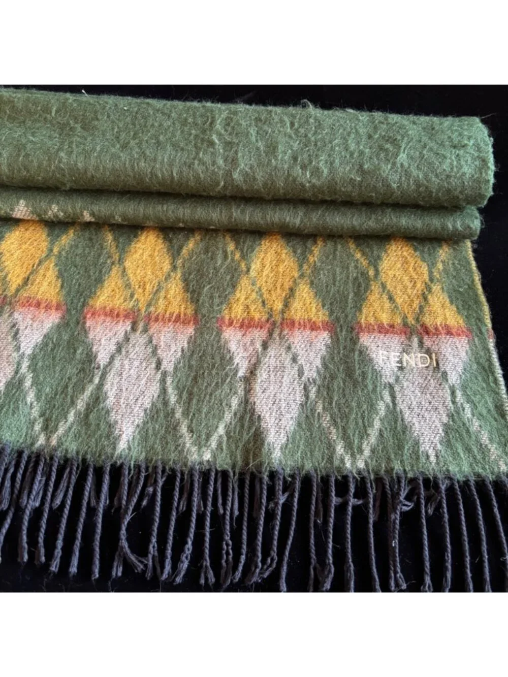 Vintage Scarf Fendi Italy Wool Green Yellow Argyle Plaid Designer Fringe Warm
